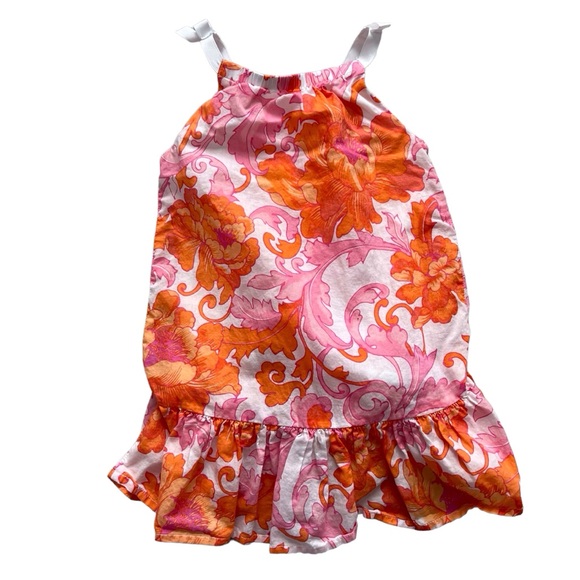 Janie & Jack Clementine Bloom Floral Dress Bow Strap Ruffle Pink Orange 12-18 Mo - Picture 2 of 6